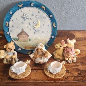 Vintage Popular Imports 1994 MINIATURE Tea Set NATIVITY SCENE Bear Figurines